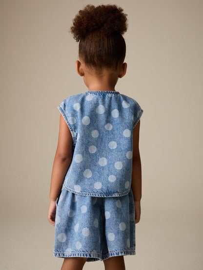 Mid Blue Denim Polka Dot Waistcoat and Shorts Set (3mths-7yrs) image 3