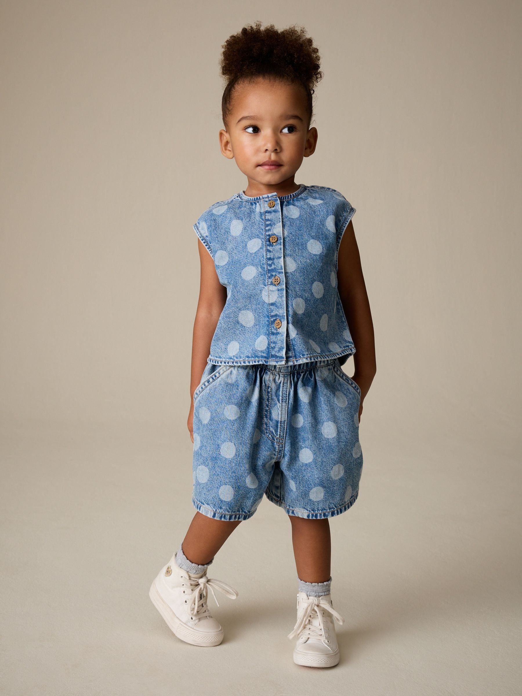 Mid Blue Denim Polka Dot Waistcoat and Shorts Set (3mths-7yrs) image 4