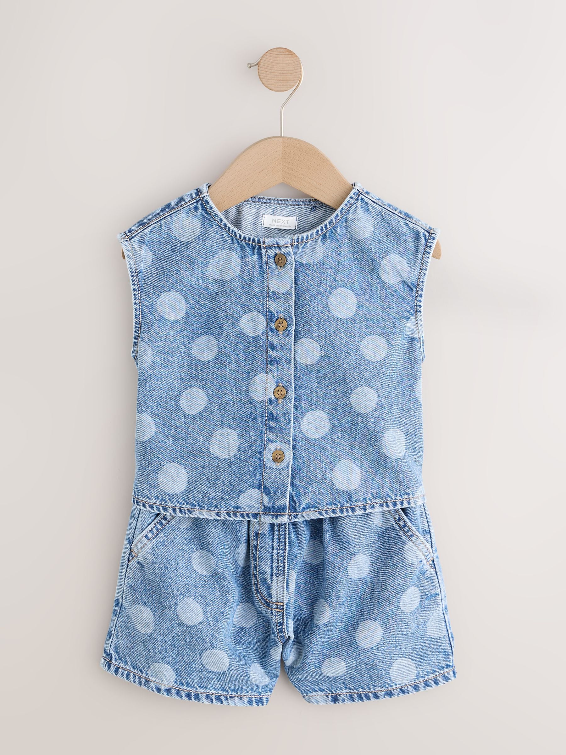 Mid Blue Denim Polka Dot Waistcoat and Shorts Set (3mths-7yrs) image 5