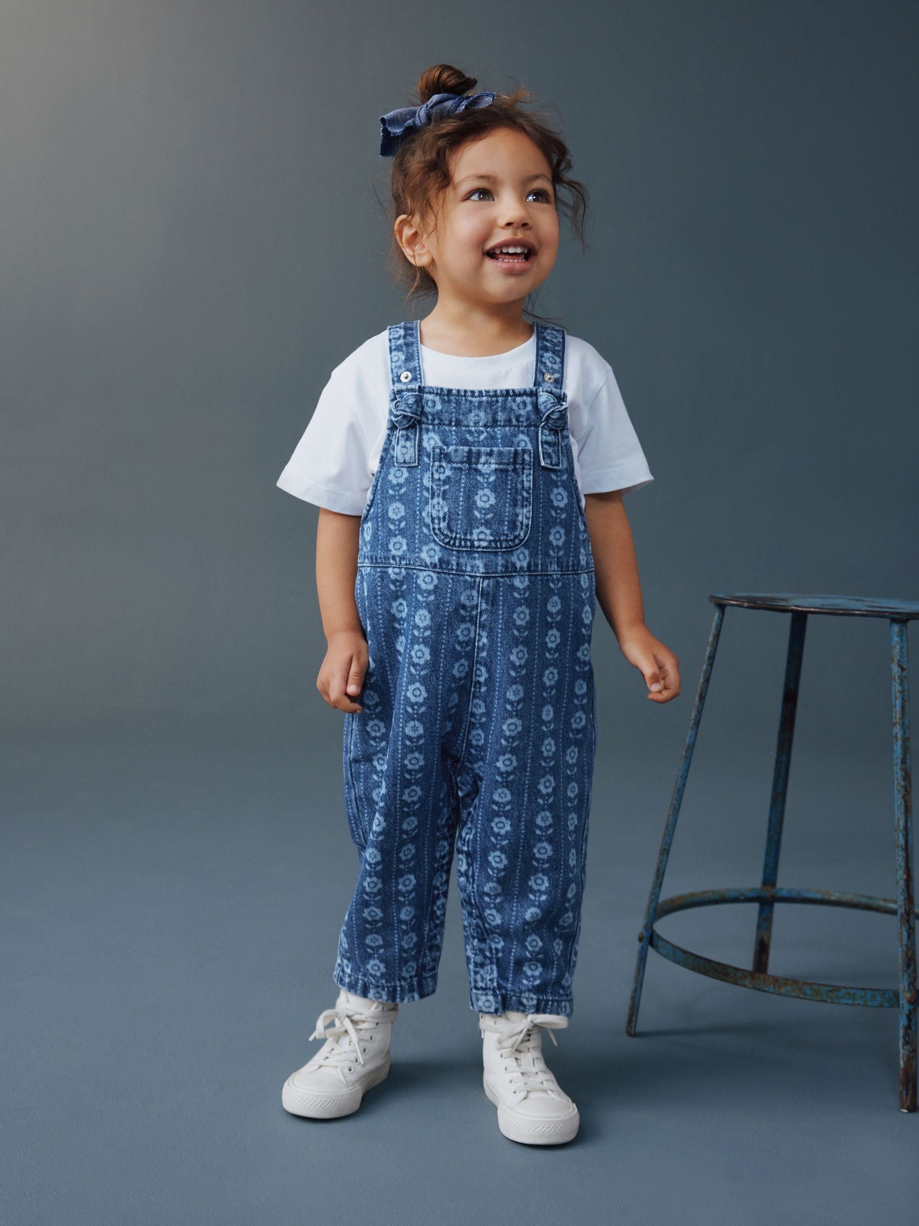 Mid Blue Floral Print Dungarees (3mths-7yrs) image 1