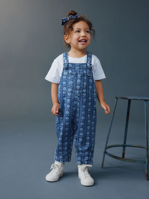 Mid Blue Floral Print Dungarees (3mths-7yrs) image 1