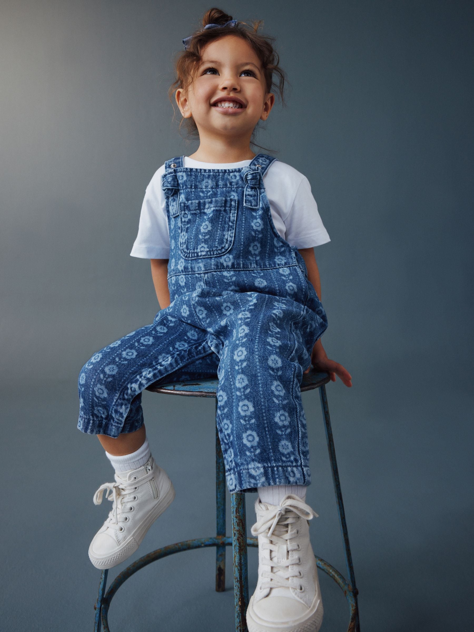 Mid Blue Floral Print Dungarees (3mths-7yrs) image 3