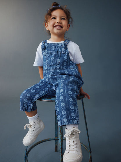 Mid Blue Floral Print Dungarees (3mths-7yrs) image 3