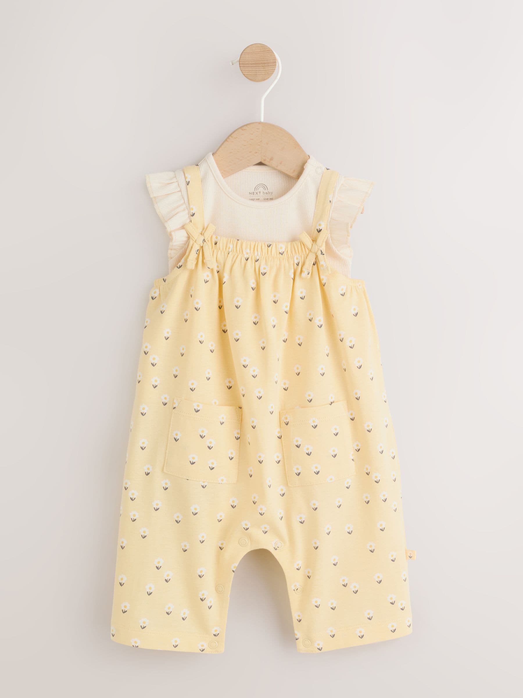 Yellow Ditsy Baby Jersey Dungarees and Bodysuits Set 2 Piece (0mths-3yrs) image 1