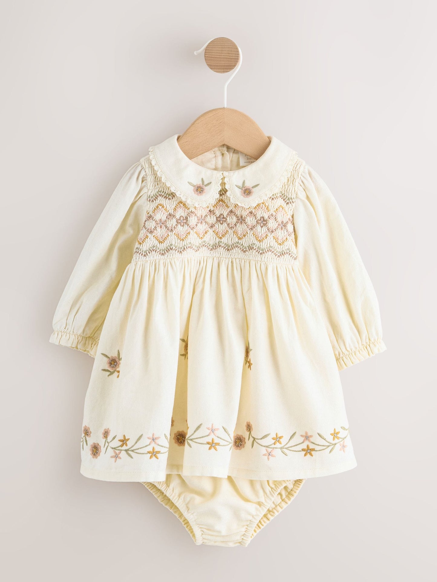 Cream Baby Embroidered Long Sleeve Dress and Knickers Set 2 Piece (0mths-2yrs) image 1