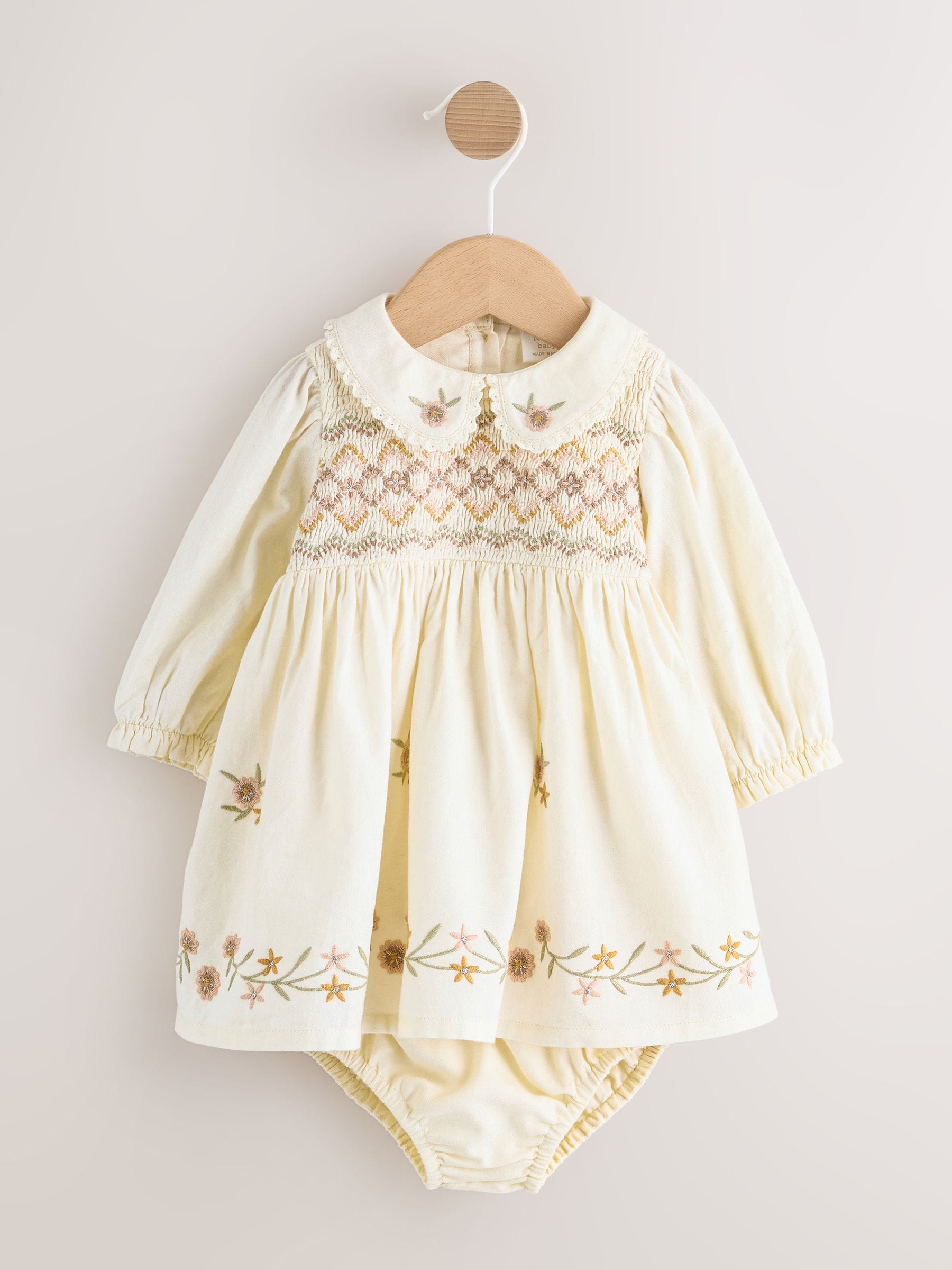 Cream Baby Embroidered Long Sleeve Dress and Knickers Set 2 Piece (0mths-2yrs) image 1