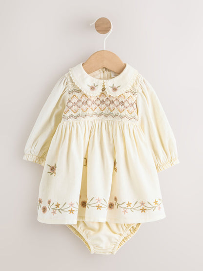 Cream Baby Embroidered Long Sleeve Dress and Knickers Set 2 Piece (0mths-2yrs) image 1