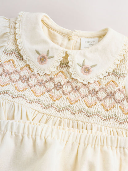 Cream Baby Embroidered Long Sleeve Dress and Knickers Set 2 Piece (0mths-2yrs) image 5