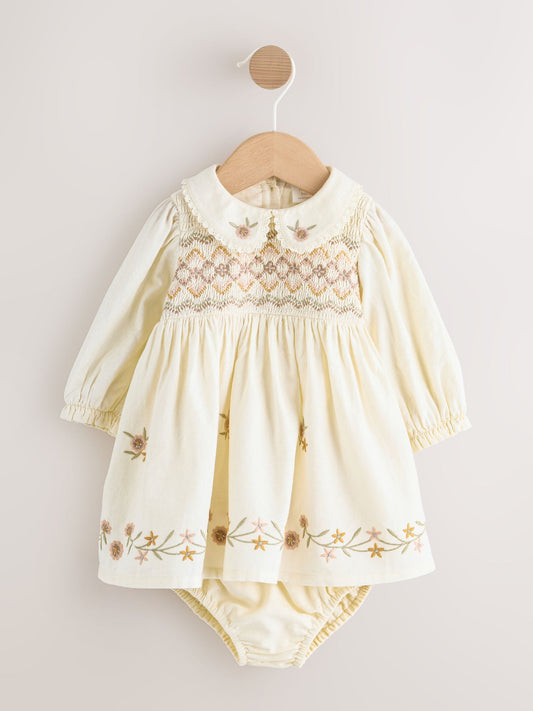 Cream Baby Embroidered Long Sleeve Dress and Knickers Set 2 Piece (0mths-2yrs) image 1