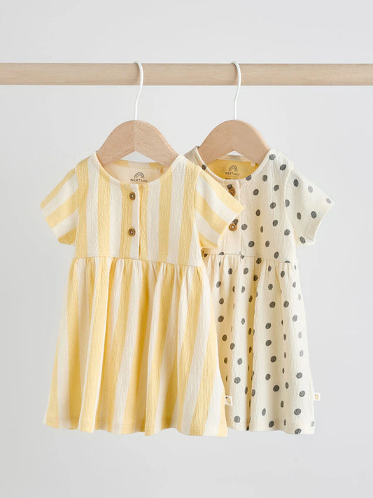 Yellow/Cream Spot/Stripe Baby Short Sleeve Dress 2 Pack (0mths-3yrs)