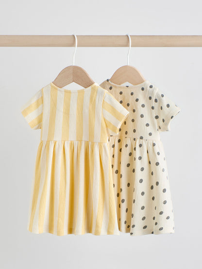 Yellow/Cream Spot/Stripe Baby Short Sleeve Dresse 2 Pack (0mths-3yrs) image 4
