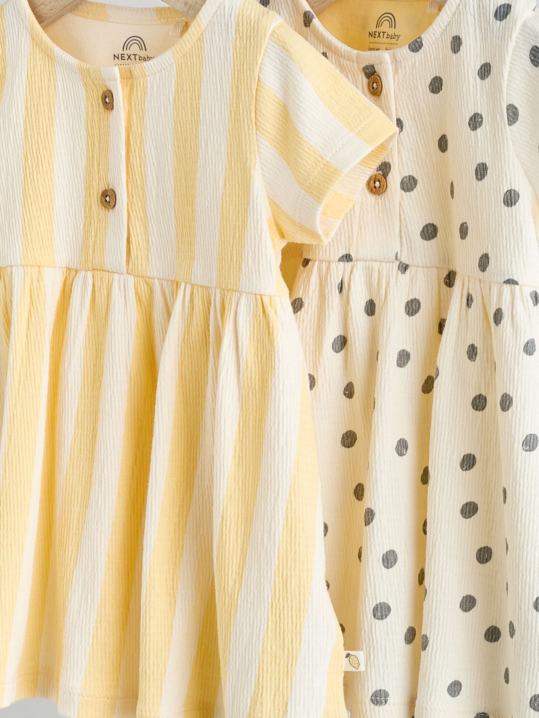 Yellow/Cream Spot/Stripe Baby Short Sleeve Dresse 2 Pack (0mths-3yrs) image 6