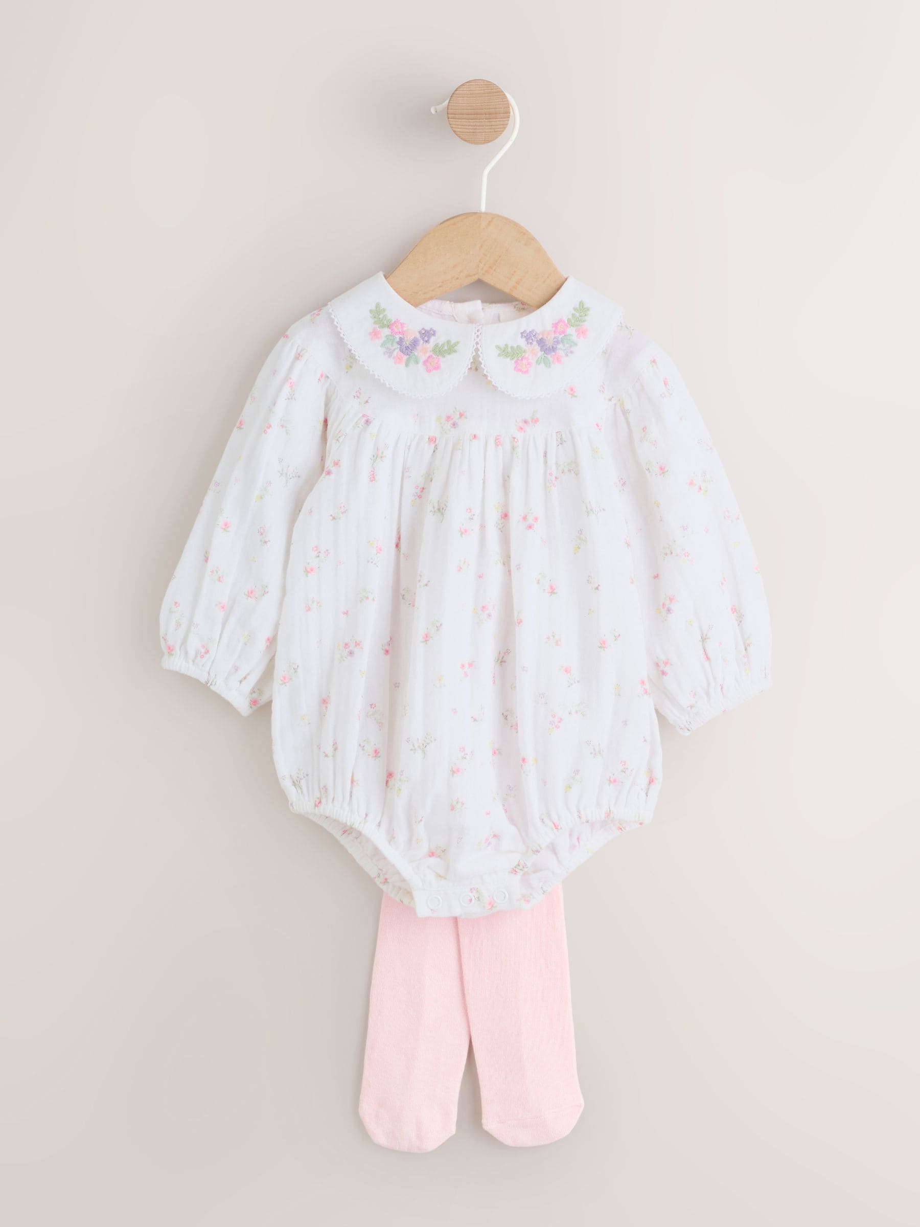 White/Pink Ditsy Baby Bloomer Rompers Set 2 Piece with Tights (0mths-3yrs) image 1