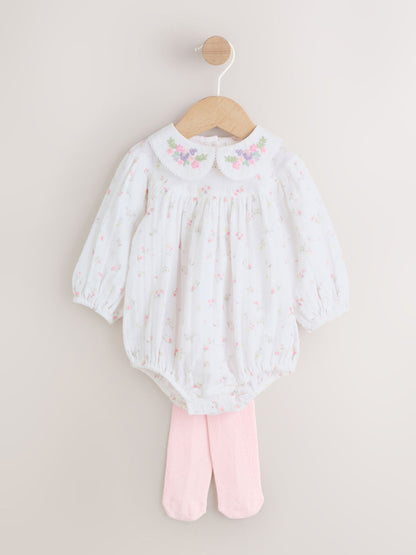 White/Pink Ditsy Baby Bloomer Rompers Set 2 Piece with Tights (0mths-3yrs) image 1