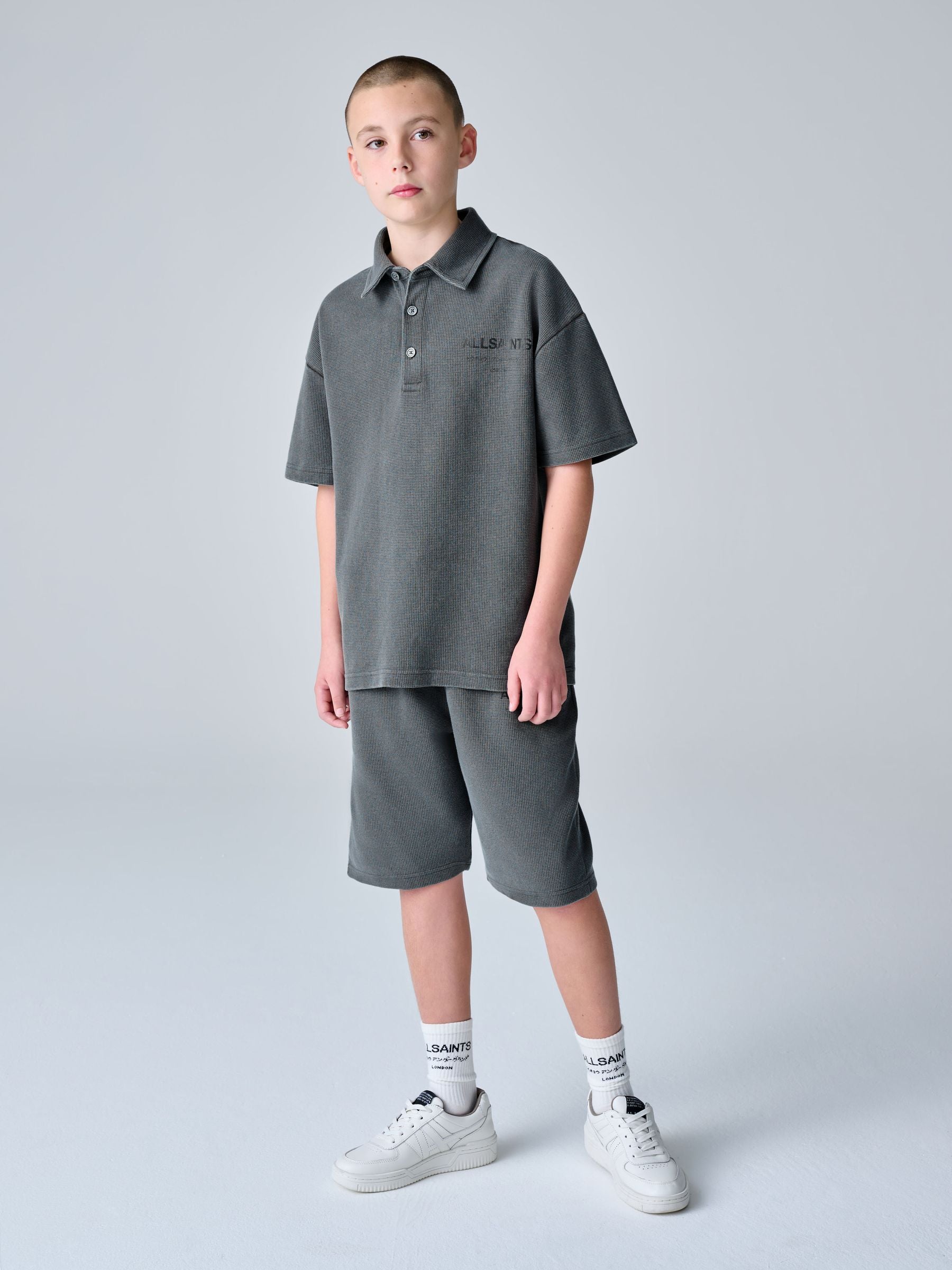 Dsiney Kidz - smALLSAINTS Washed Black Underground Waffle Polo Shirt and Short Set image 1