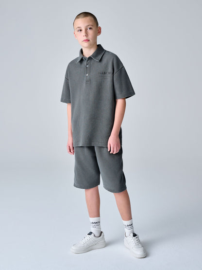 Dsiney Kidz - smALLSAINTS Washed Black Underground Waffle Polo Shirt and Short Set image 1