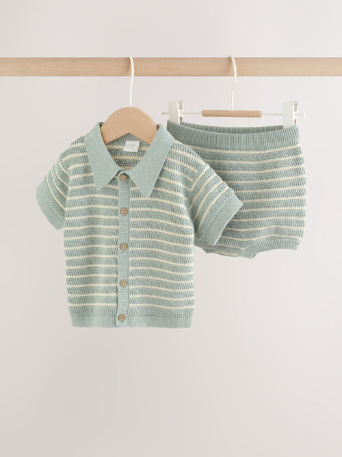 Sage Green Stripe Knitted Top and Shorts Baby Set (0mths-2yrs) image 1