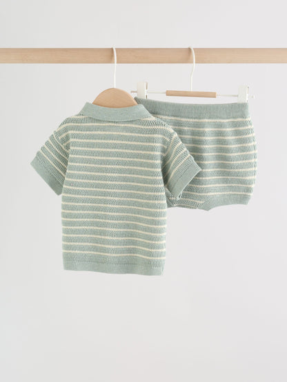 Sage Green Stripe Knitted Top and Shorts Baby Set (0mths-2yrs) image 7