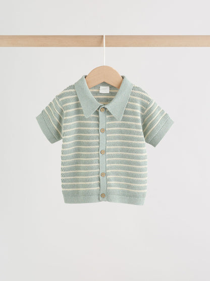 Sage Green Stripe Knitted Top and Shorts Baby Set (0mths-2yrs) image 3