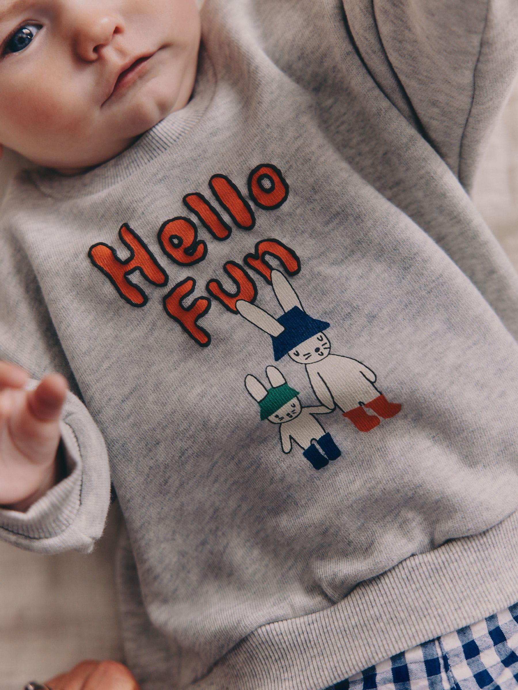 Blue Check Hello Fun Sweatshirt and Trousers Baby Set (0mths-2yrs) image 3