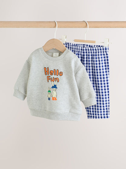 Blue Check Hello Fun Sweatshirt and Trousers Baby Set (0mths-2yrs) image 4