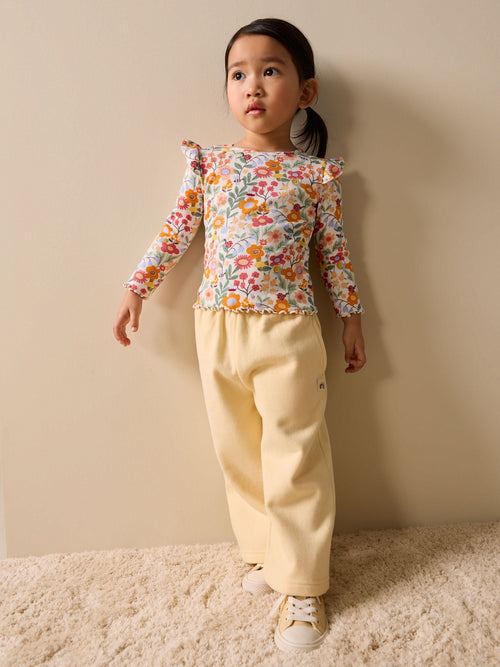 Orange Ditsy Floral Long Sleeve Ribbed Frill Top (3mths-7yrs) image 1