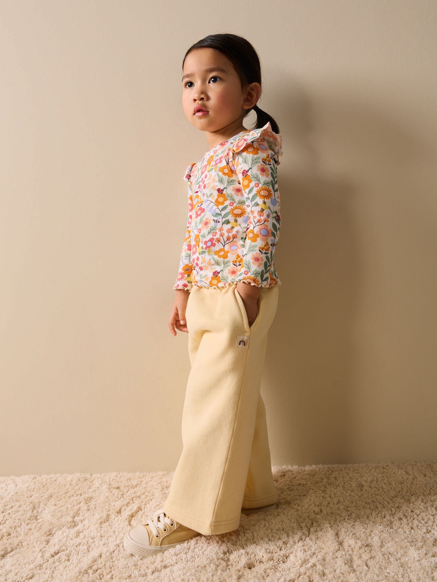 Orange Ditsy Floral Long Sleeve Ribbed Frill Top (3mths-7yrs) image 3