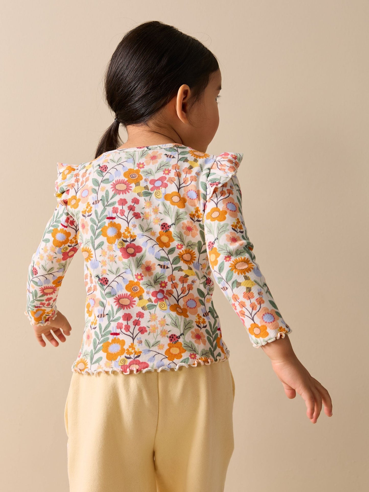 Orange Ditsy Floral Long Sleeve Ribbed Frill Top (3mths-7yrs) image 4