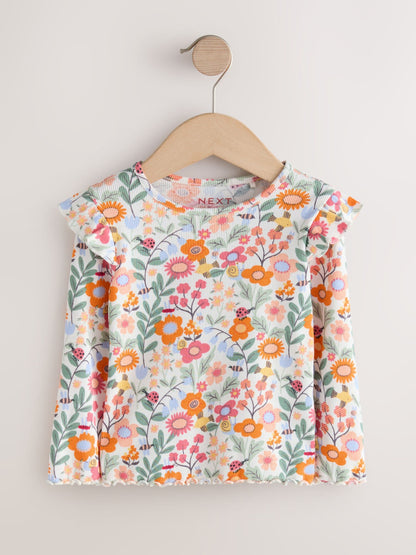 Orange Ditsy Floral Long Sleeve Ribbed Frill Top (3mths-7yrs) image 5