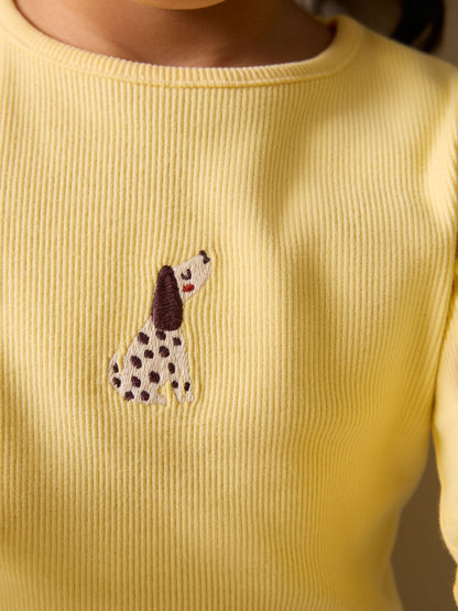Lemon Yellow Dog Long sleeve Embroidered Ribbed Top (3mths-7yrs) image 4