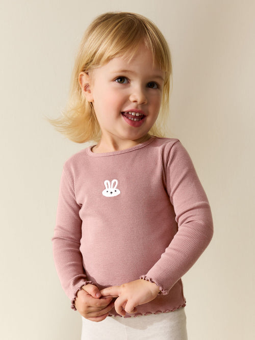Pink Bunny Long sleeve Embroidered Ribbed Top (3mths-7yrs) image 1