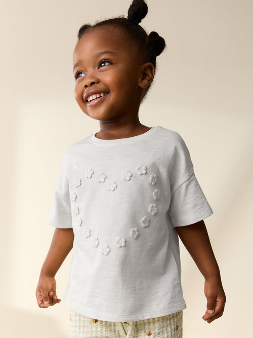 Ecru White Short Sleeve Heart Embroidered Top (3mths-7yrs) image 1