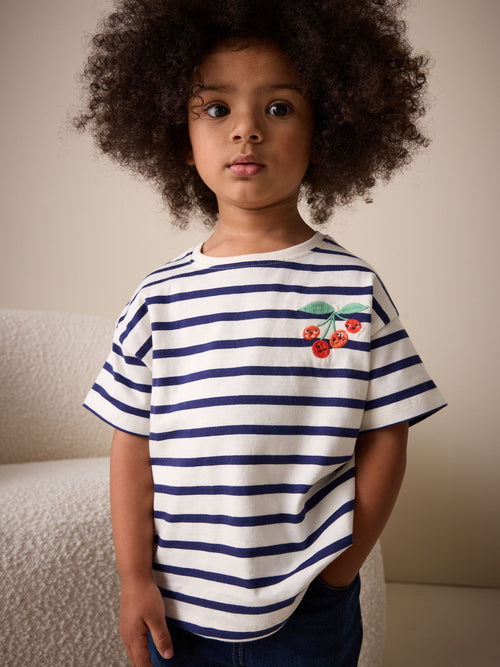Ecru/Navy Stripe Cherry Short Sleeve Embroidered T-Shirt (3mths-7yrs) image 1