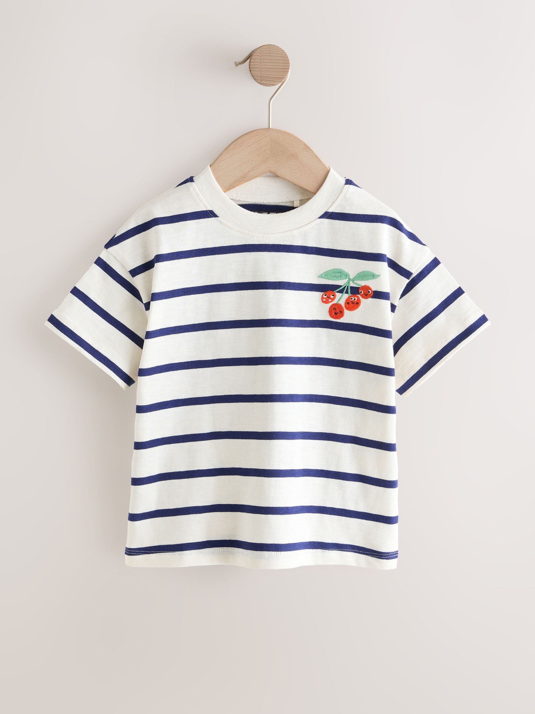 Ecru/Navy Stripe Cherry Short Sleeve Embroidered T-Shirt (3mths-7yrs) image 3