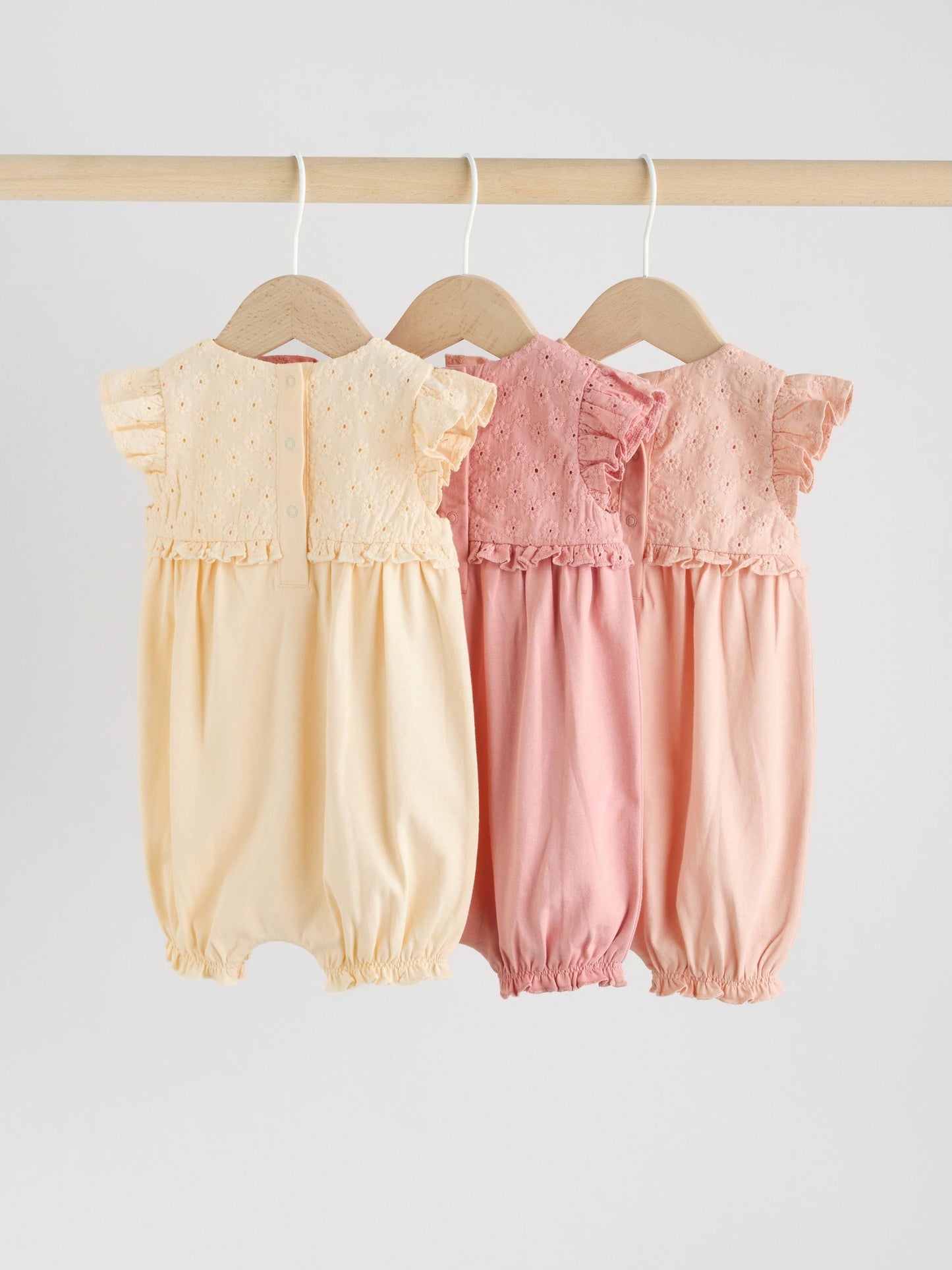 Tonal Pink Broderie 3 Pack Baby Rompers image 2