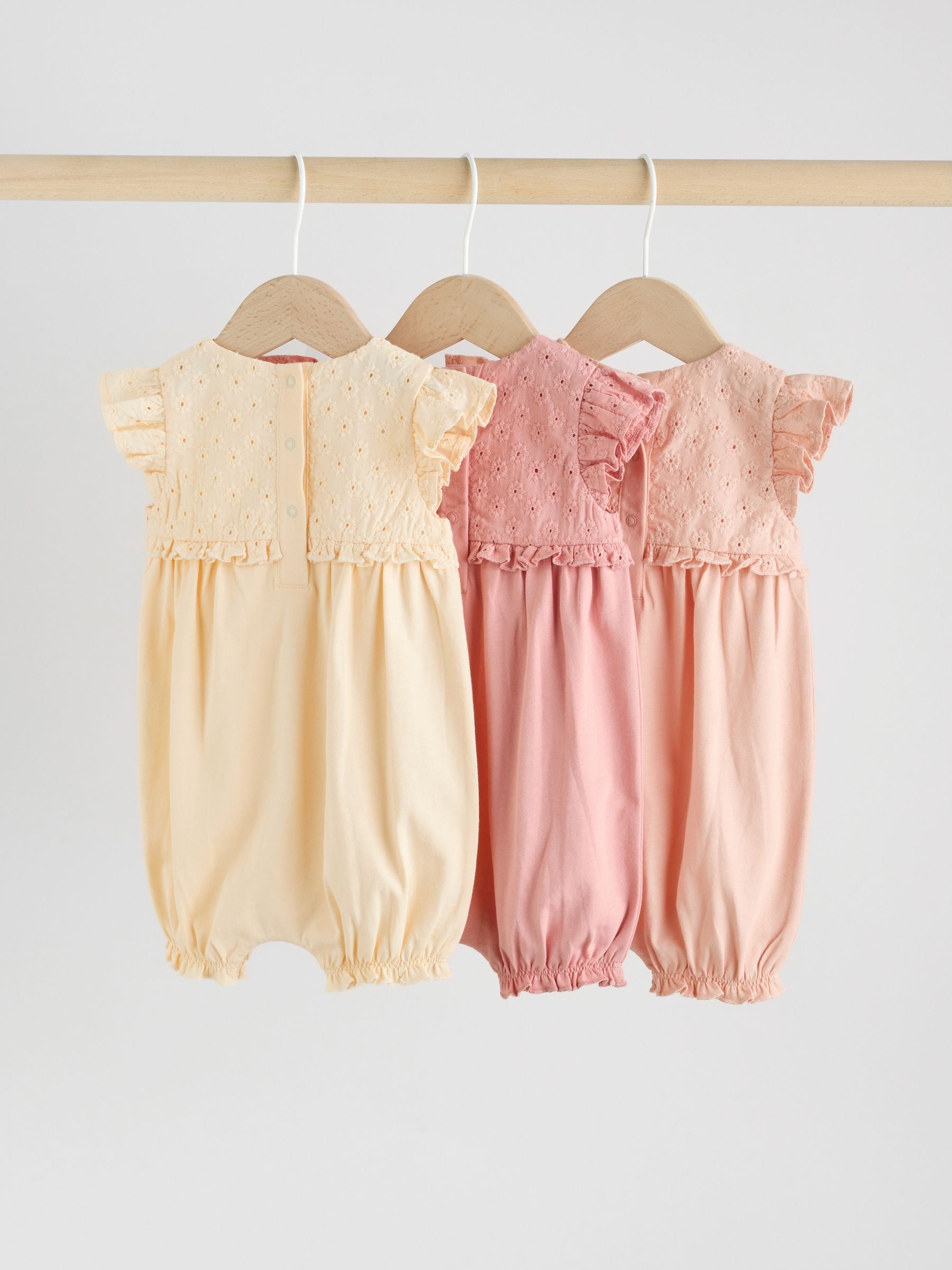 Tonal Pink Broderie 3 Pack Baby Rompers image 2