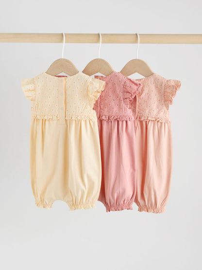 Tonal Pink Broderie 3 Pack Baby Rompers image 2