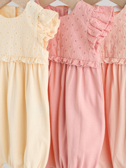 Tonal Pink Broderie 3 Pack Baby Rompers image 7