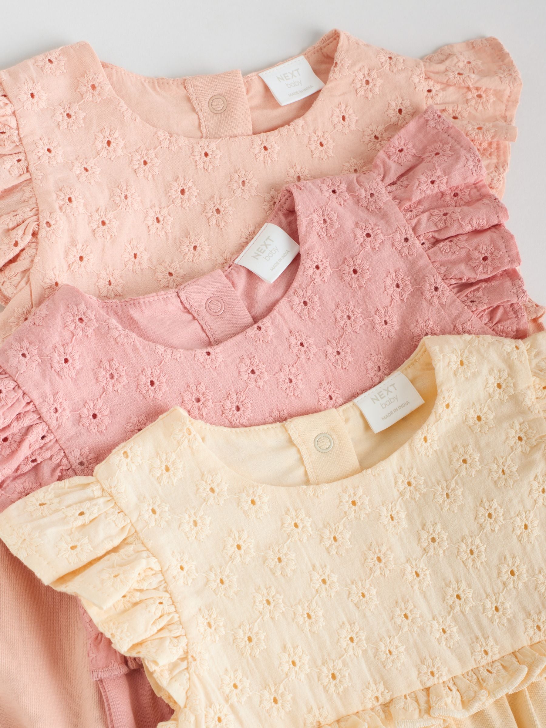 Tonal Pink Broderie 3 Pack Baby Rompers image 8