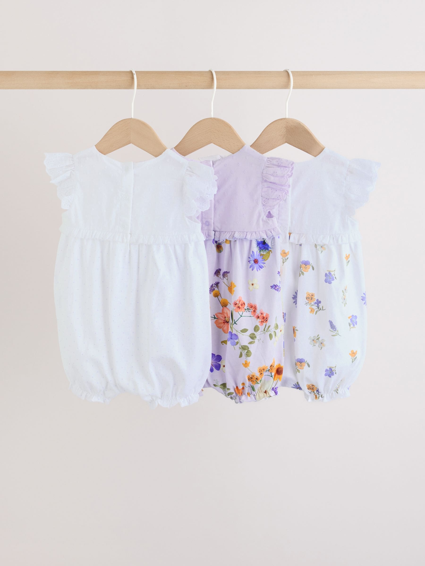 Purple and White Floral Broderie Broderie 3 Pack Baby Rompers image 2