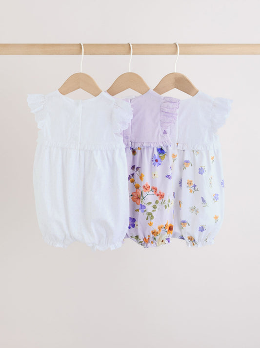Purple and White Floral Broderie Broderie 3 Pack Baby Rompers image 2