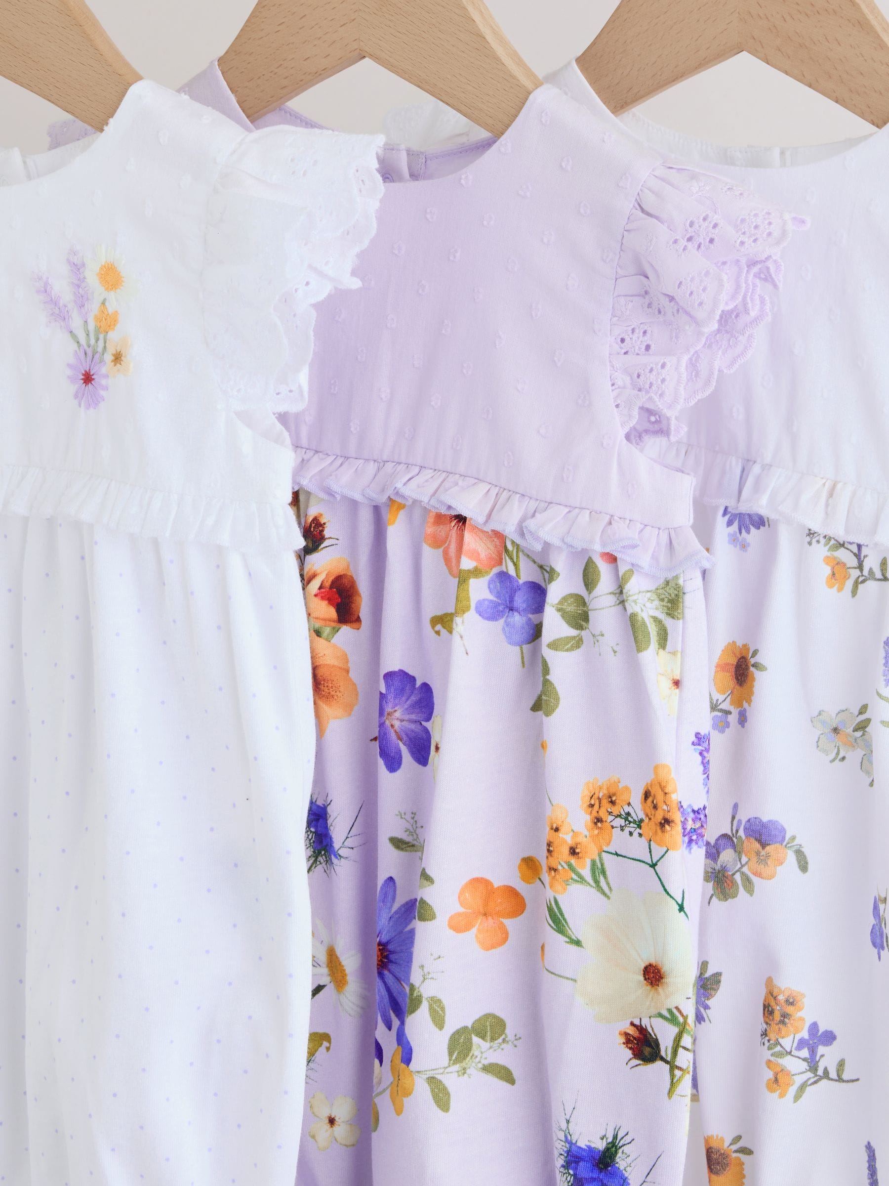 Purple and White Floral Broderie Broderie 3 Pack Baby Rompers image 9
