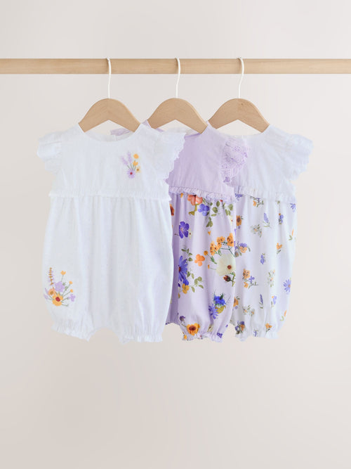 Purple and White Floral Broderie Broderie 3 Pack Baby Rompers image 1