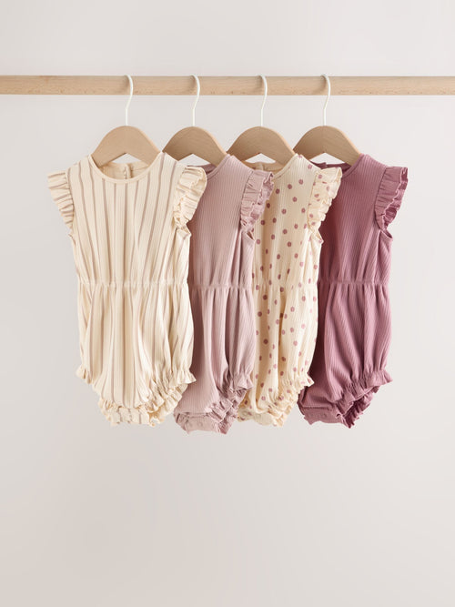 Pink Tonal Spot and Stripe Frill Shoulder Baby Rompers 4 Pack image 1