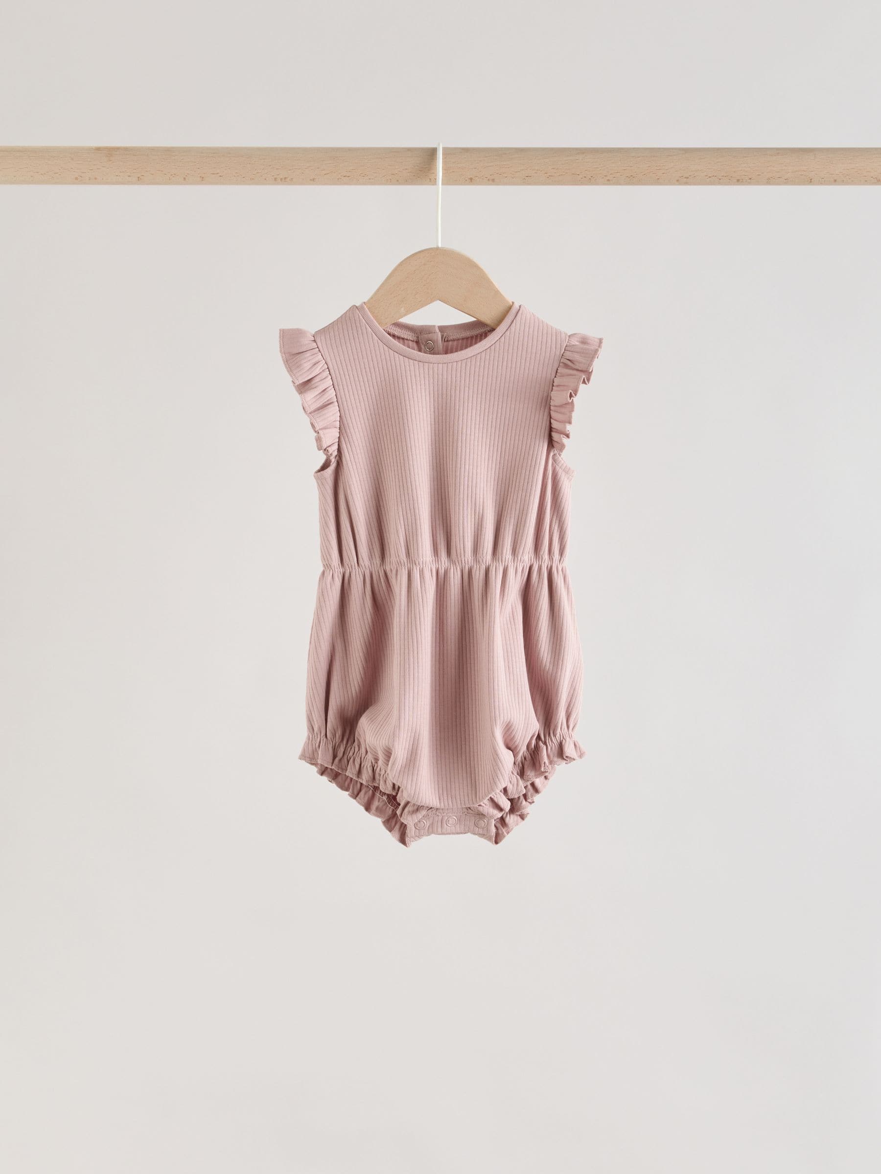 Pink Tonal Spot and Stripe Frill Shoulder Baby Rompers 4 Pack image 6