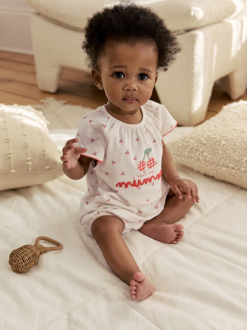 White Cherry Embroidered I love my Mummy Jersey Baby Romper image 1