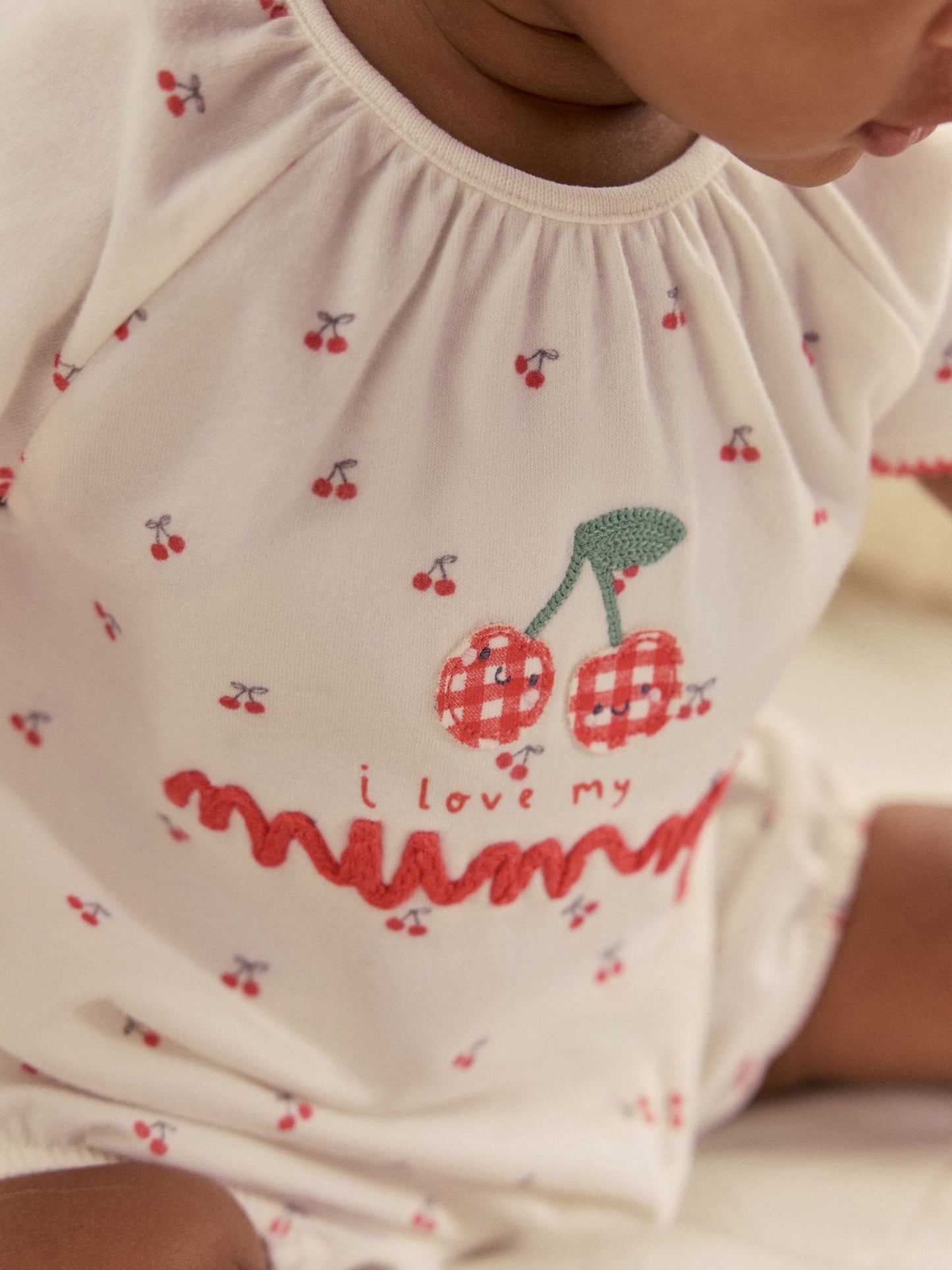 White Cherry Embroidered I love my Mummy Jersey Baby Romper image 3