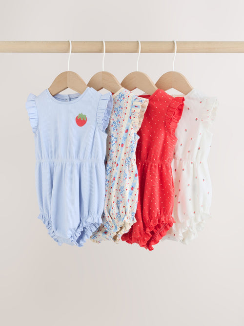 Blue Strawberry Frill Shoulder Baby Rompers 4 Pack image 1