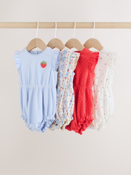Blue Strawberry Frill Shoulder Baby Rompers 4 Pack image 1