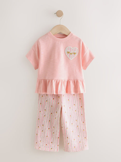 Pink Short Sleeve Peplum T-Shirt and Wide Leg Trousers Set (3mths-7yrs) image 1